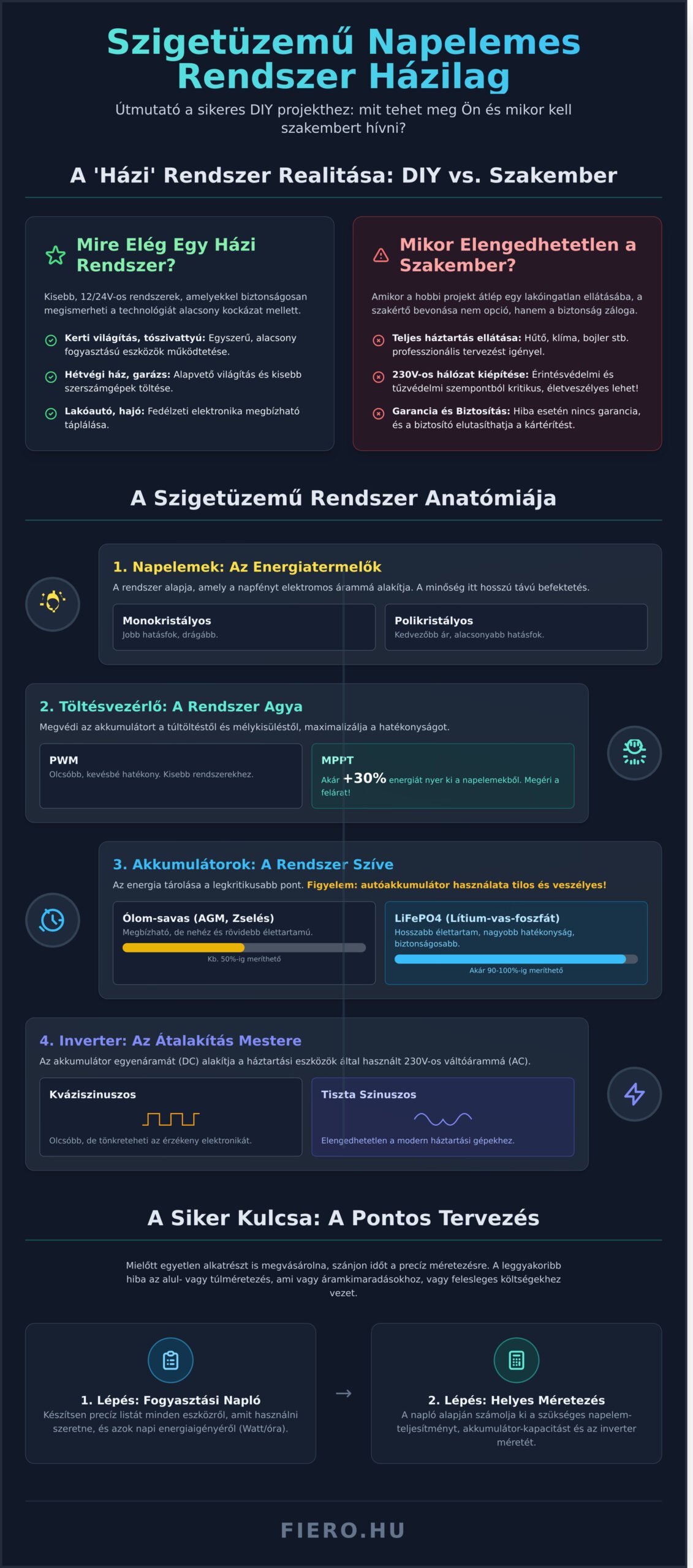 Szigetüzemű napelemes rendszer házilag: Útmutató és rejtett veszélyek - Infographic